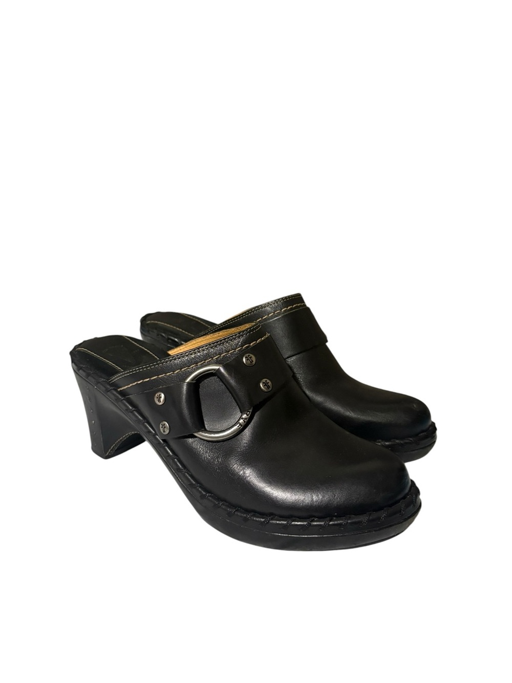 Frye Charlotte Ring Mules Womens Size 8Black Leather Harness Slip On Clog 70770